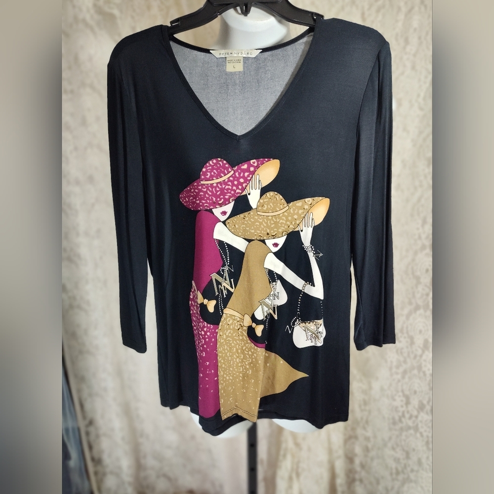Peter Nygard  Black Top with Fashionable Ladies  Print
